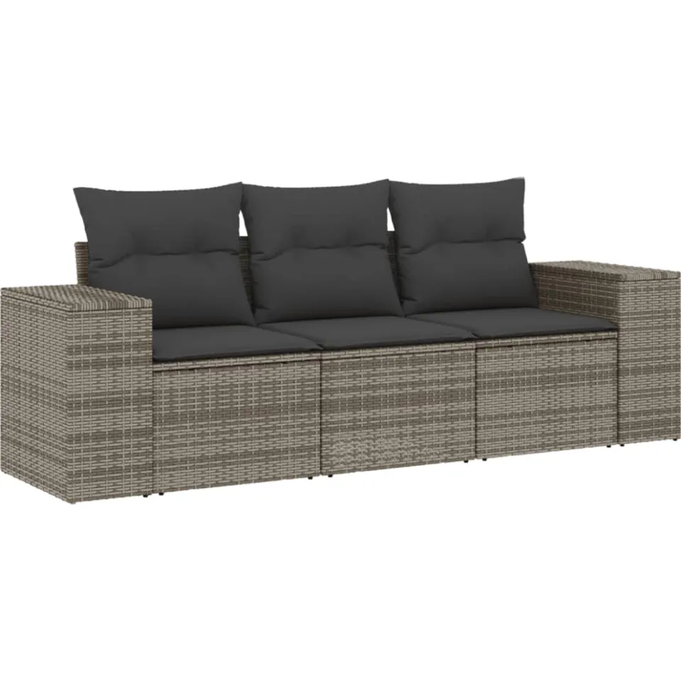 vidaXL 3-delige Loungeset met kussens poly rattan grijs, foto 3