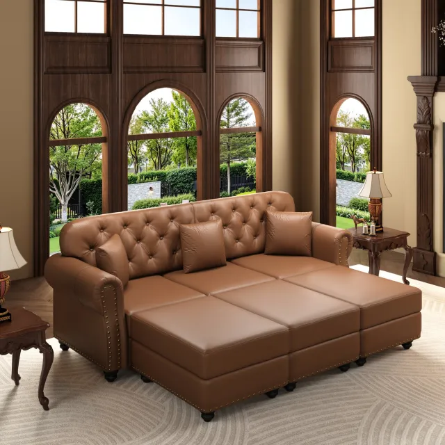 STILVORA Chesterfield Bank 3-Zits 210 x 76 x 86 cm - Met 3 Verplaatsbare Hockers - Gecapitonneerde Rug - Voor Woonkamer - Kunstleer - Bruin