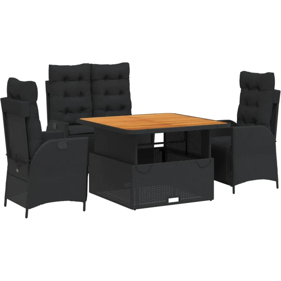 vidaXL 4-delige Tuinset met kussens poly rattan zwart