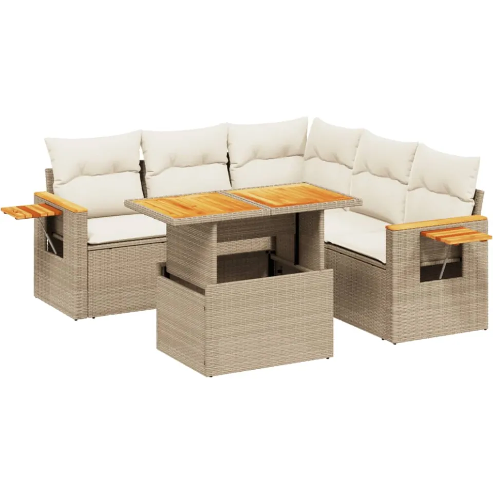 vidaXL 6-delige Loungeset met kussens poly rattan beige, foto 3