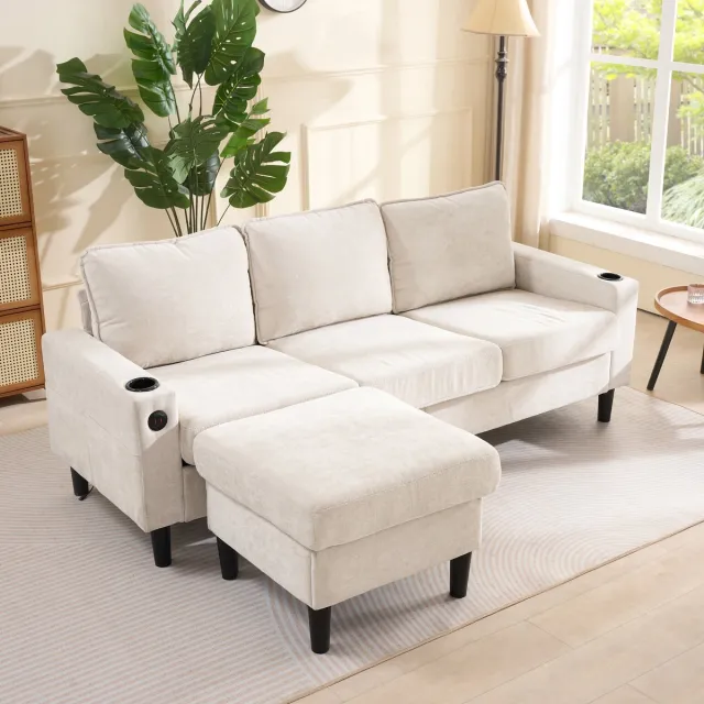 MIVRAY Hoekbank – Met Usb En Type-C Poorten En Bekerhouders – Voor Woonkamer En Kantoor – Linnen Beige