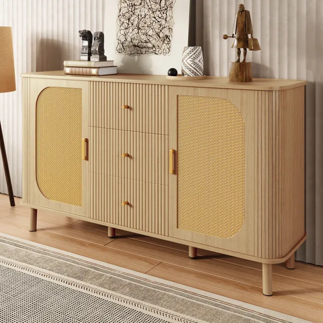 Ropilly Dressoir - 140 x 40 x 80 cm - Met 2 Rotandeuren En 3 Lades - MDF In Houtkleur Met Metalen Poten - Voor Woonkamer Of Eetkamer