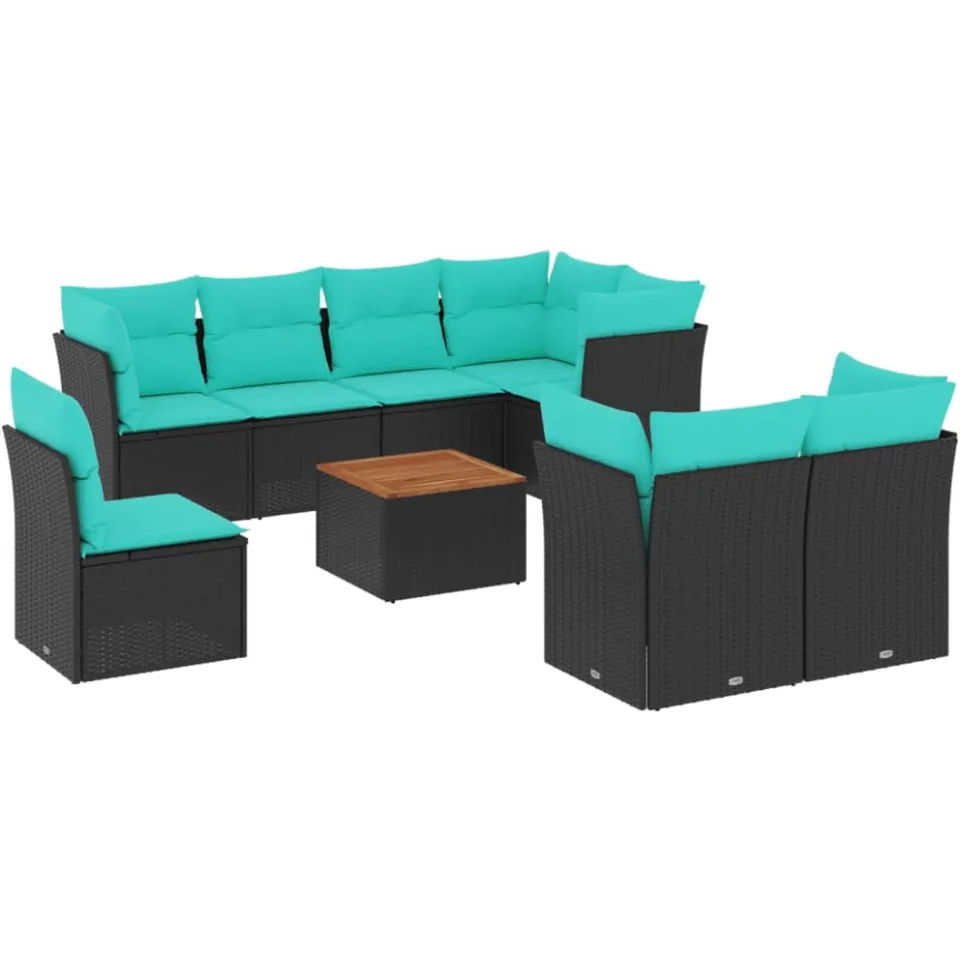 vidaXL 9-delige Loungeset met kussens poly rattan zwart, foto 3
