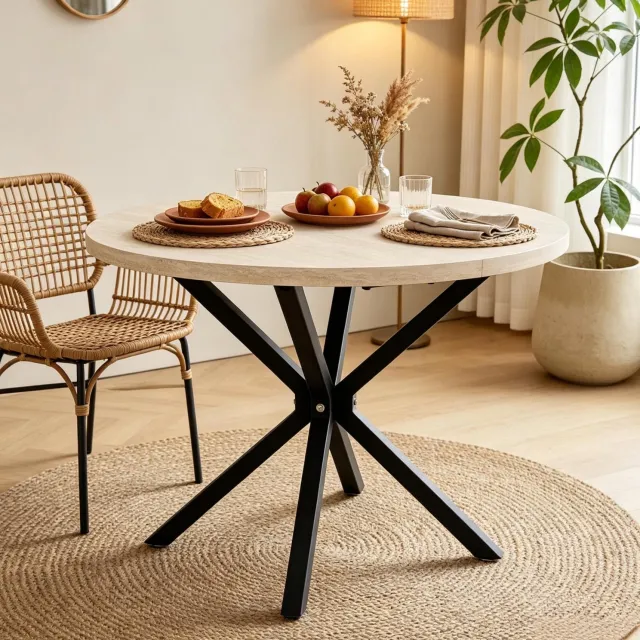 CHICFURN Eettafel 100 cm - 4 tot 6 personen - Makkelijk te reinigen - Metalen onderstel - Zwart en houtkleur Wit