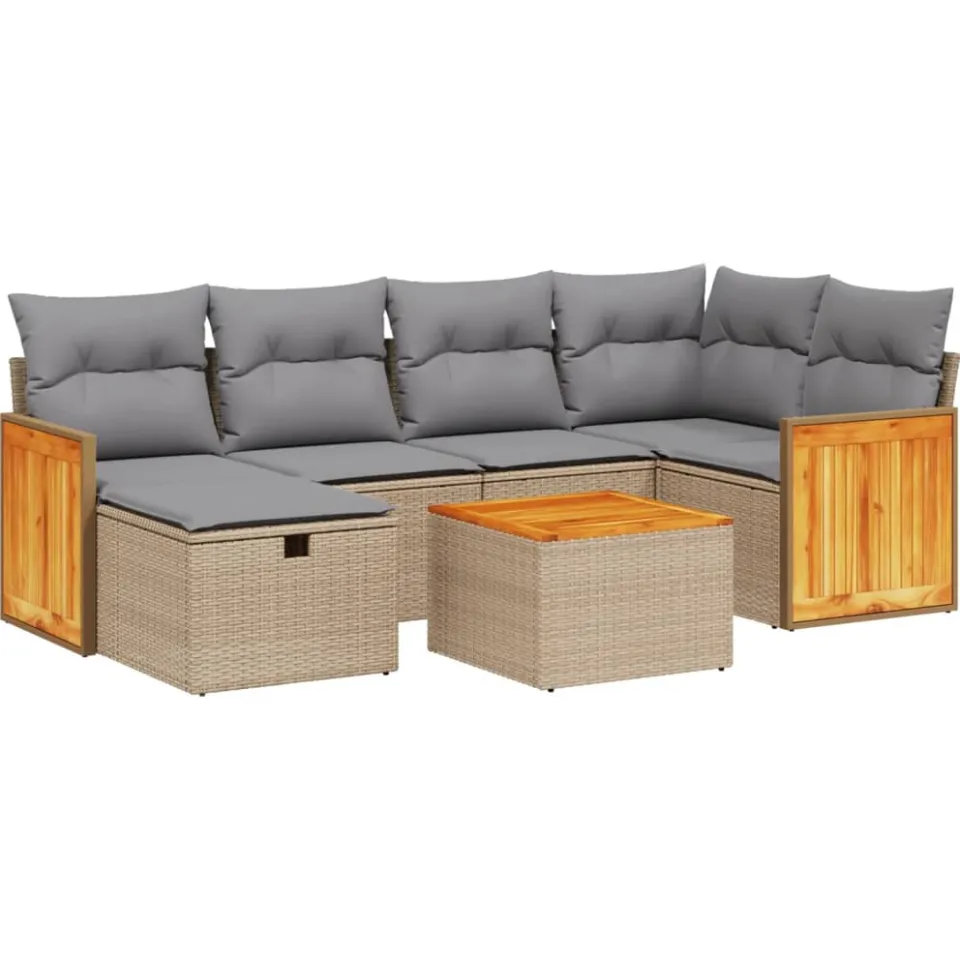 vidaXL 7-delige Loungeset met kussens poly rattan gemengd beige, foto 3