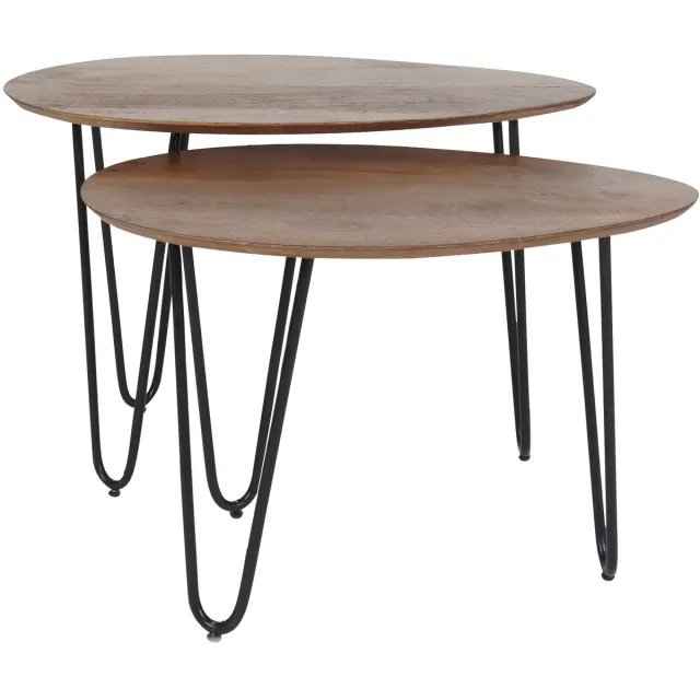 Home67 Salontafel Fabio - Mangohout - Set van 2 - Organisch - Japandi - Zwart metalen poten Bruin