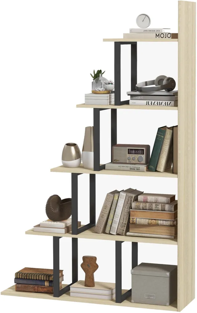 Lunpog Industriële stijl trapsgewijze boekenkast/kamerverdeler met 5 planken, 102 x 30 x 160 cm, eikenhout | Ruimteverdeler, trap, 5 planken, eikenkleur Natuurlijk hout