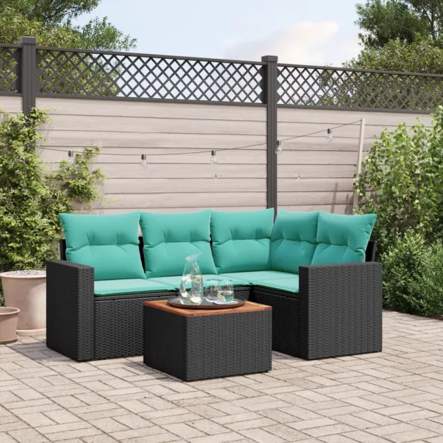 vidaXL 5-delige Loungeset met kussens poly rattan zwart, foto 2