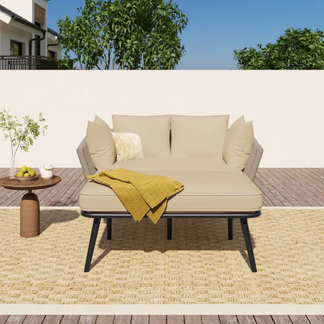 Merax Tuinbank - Zonnebank voor buiten - Tuinlounge - Balkonmeubelset - Loungemeubels - Terrasmeubilair - Kaki