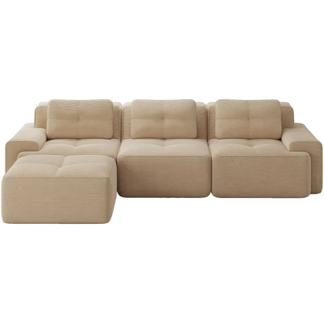 Merax L-vormige 3-zitsbank - modulaire bank met voetenbank - corduroy Cloud bank - voor de woonkamer - kant-en-klare bank - beige
