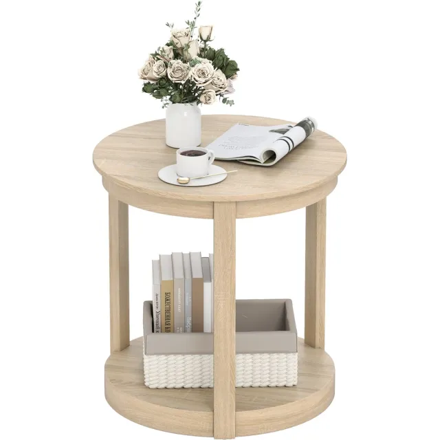 Costway Ronde salontafel met 2 niveaus, banktafel van rubberhout, kafeetafel, bijzettafel in landhuis, tafel voor woonkamer, slaapkamer, ontvangstruimte (eiken)