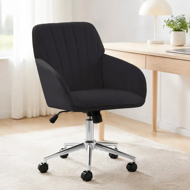 REDOM Bureaustoel - Hoogte verstelbaar - 360° draaibaar - Met vaste armleuningen - Ergonomische rugleuning - Voor bureau en slaapkamer - Fluweel - Zwart