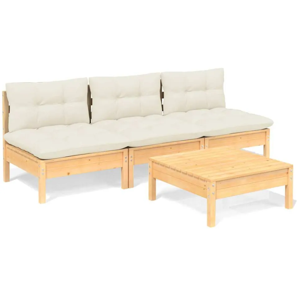 vidaXL 4-delige Loungeset met crèmekleurige kussens grenenhout, foto 3