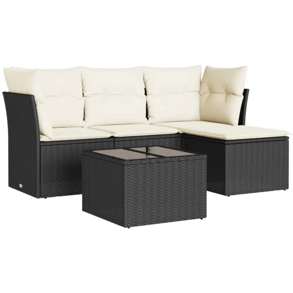 vidaXL 5-delige Loungeset met kussens poly rattan zwart