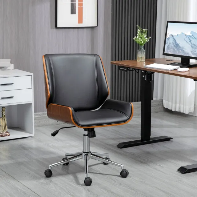MEUNIQ retro bureaustoel verstelbare zithoogte 46-56 cm met kippfunctie, draaibaar, vaste armleuningen, kunstleer, zwart, met wielen Black