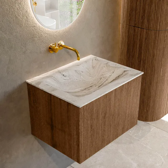 Mondiaz KURVE-DLUX 60 cm Onderkast Greeploos 1 Lade Zonder Deuren Walnut, Wastafel Solid Surface Midden Glace 0 Kraangaten Zonder Spiegel (KRVCLO601L0D0KM-Wal/Gla)