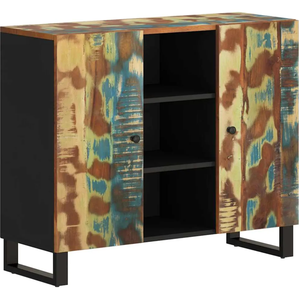 vidaXL Dressoir met 2 deuren 90x33x75 cm massief gerecycled hout meerkleurig, foto 3