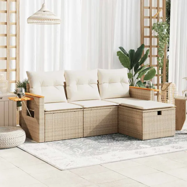 vidaXL 4-delige Loungeset met kussens poly rattan beige, foto 2