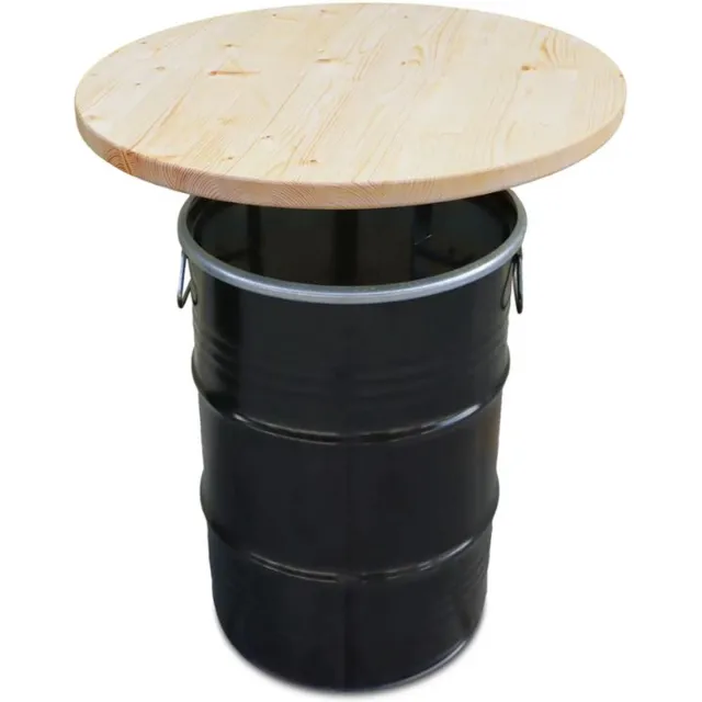 Barrelkings Industriële Kindertafel/Bijzettafel - Zwart Metaal Olievat - Ø40x72 cm - 60L - Houten Tafelblad