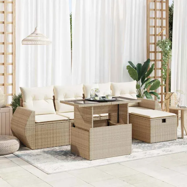 vidaXL 6-delige Loungeset met kussens poly rattan beige, foto 2