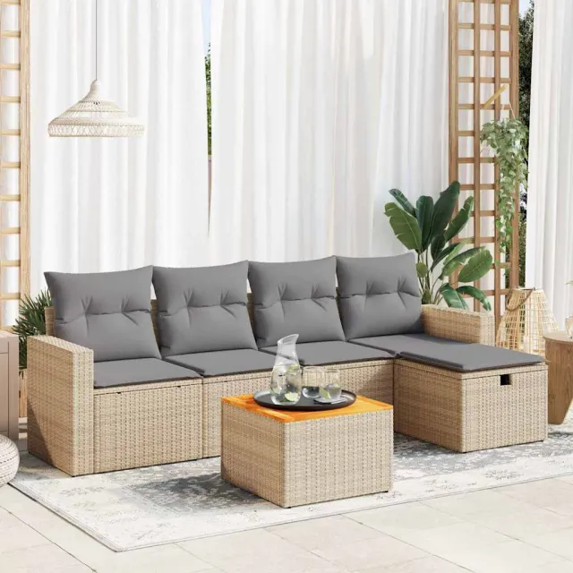 vidaXL 6-delige Loungeset met kussens poly rattan beige, foto 2