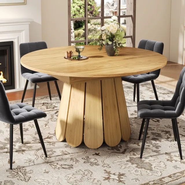 FloraGrace Eettafel - Uitschuifbaar Van Rond Naar Ovaal - Voor Keuken En Eetkamer Tot 6 Personen - MDF - 118x118x76,8 Cm - Naturel Houtkleur