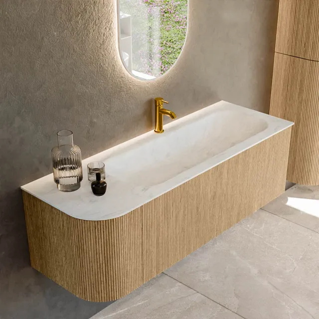 Mondiaz KURVE-DLUX 135 cm Onderkast Greeploos 1 Lade Met Deuren Oak, Wastafel Solid Surface Rechts Opalo 1 Kraangat Zonder Spiegel (KRVBGM135L1L1D1KR-Oak/Opa)