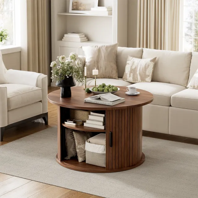 FABATO CT025-Ronde Salontafel-Notenhoutlook-Lift-Functie-Gegolfd Design-Verborgen Opbergruimte-Nussbaum