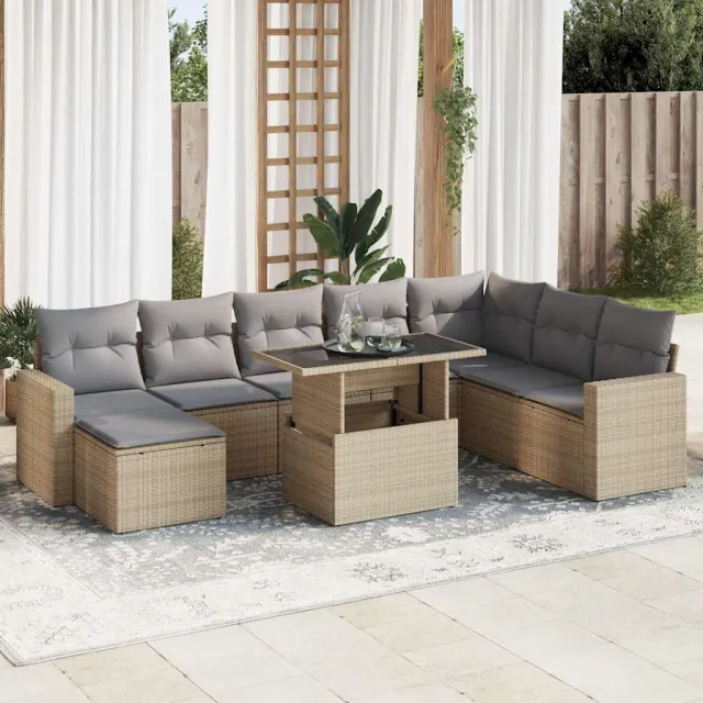 vidaXL 9-delige Loungeset met kussens poly rattan beige, foto 2
