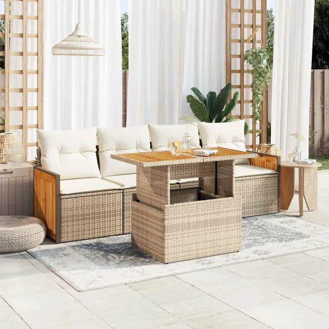 vidaXL 5-delige Loungeset met kussens poly rattan en acaciahout beige, foto 2