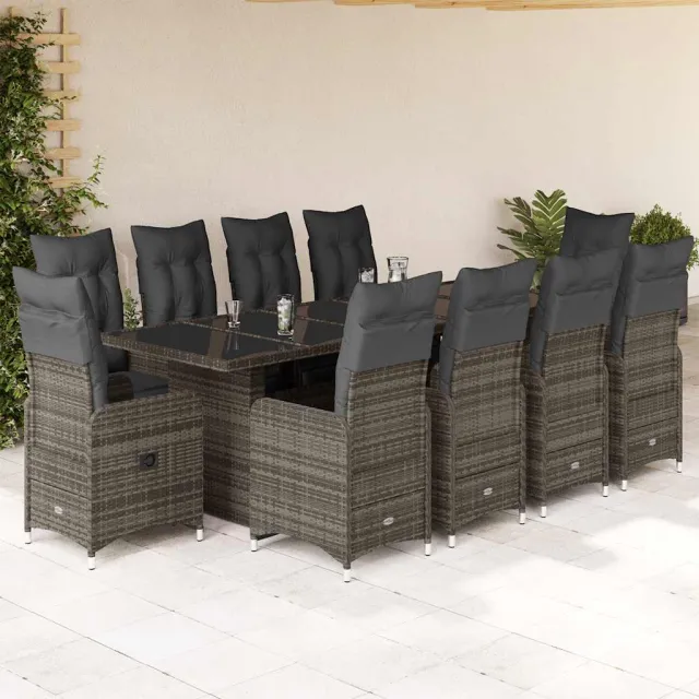 vidaXL 11-delige Bistroset met kussens poly rattan grijs