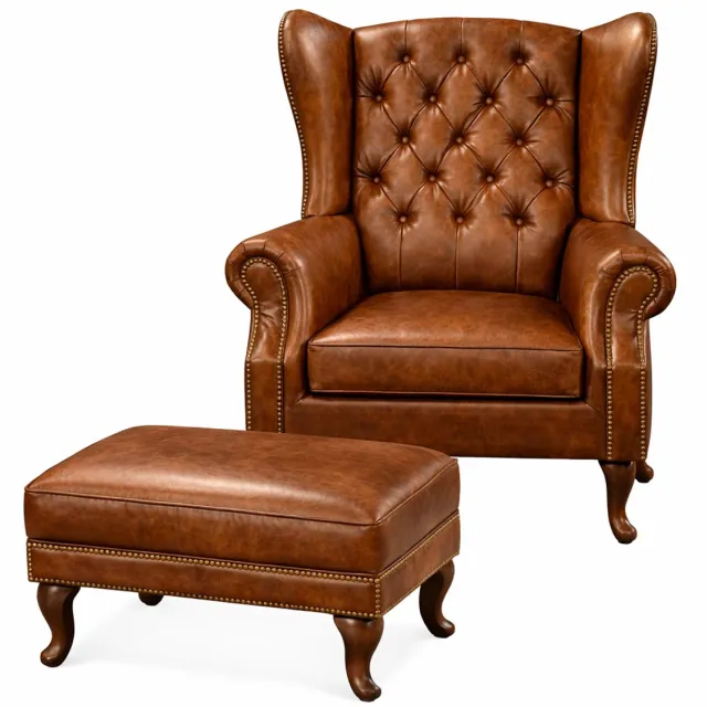 Nova Living Chesterfield Fauteuil met Hocker - Bruin - Leer - Stoel Chesterfield - Arm Chair - Chesterfield Wing Chair - Set Kaneel Bruin