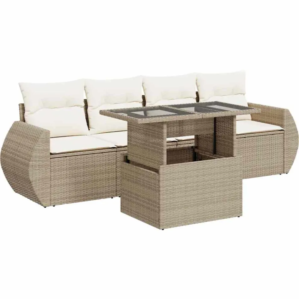 vidaXL 5-delige Loungeset met kussens poly rattan beige, foto 3