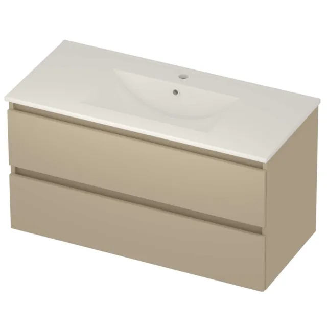 Basic-Line Coach 46 Badmeubelset Porselein 1 Kraangat Greeploos 100x46x54 cm Mat Beige Glans Wit