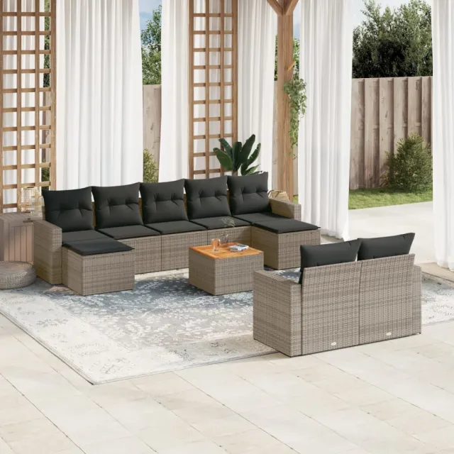 vidaXL 10-delige Loungeset met kussens poly rattan grijs, foto 2