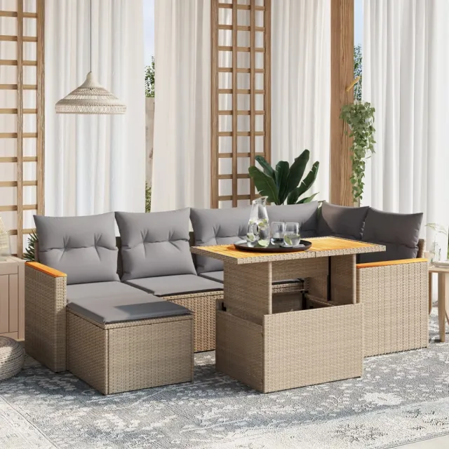 vidaXL 7-delige Loungeset met kussens poly rattan beige, foto 2