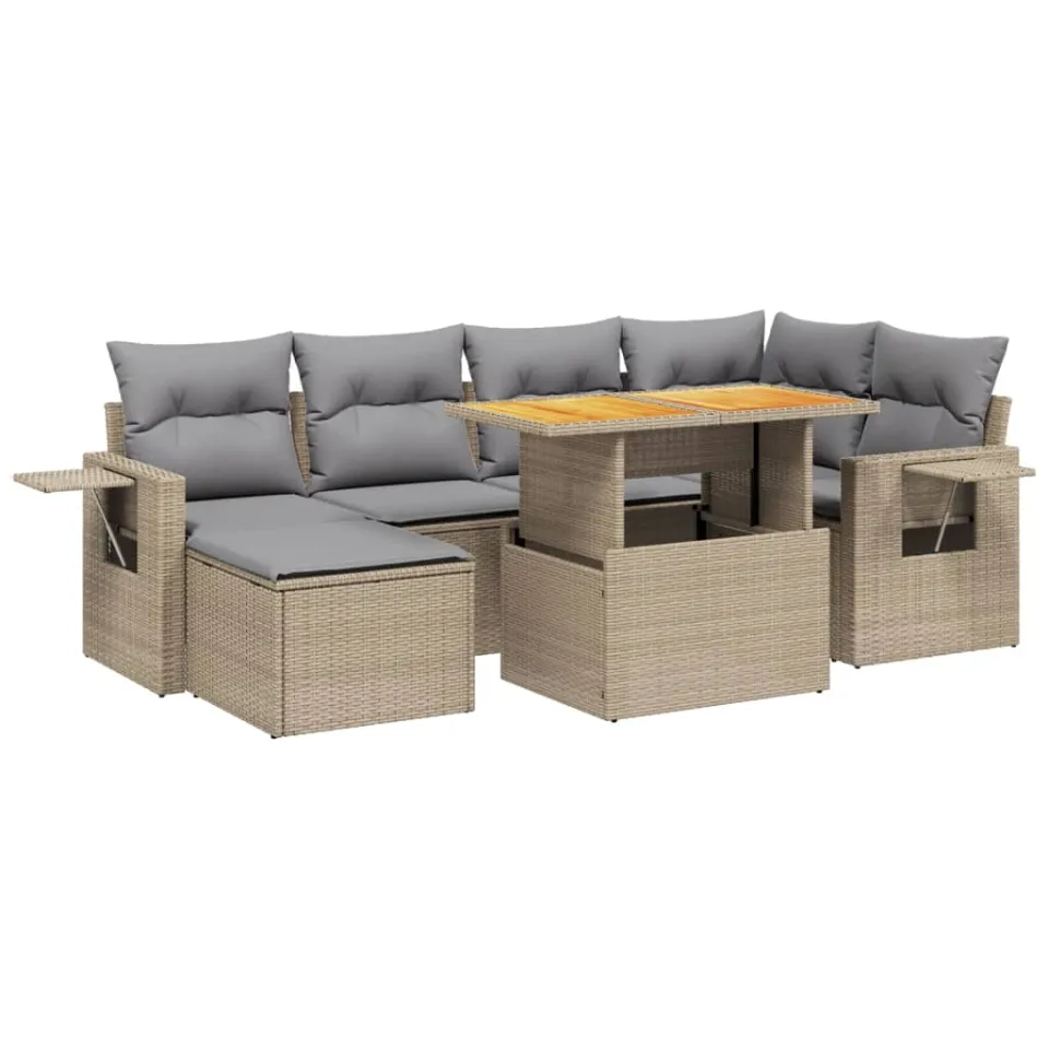 vidaXL 7-delige Loungeset met kussens poly rattan beige, foto 3