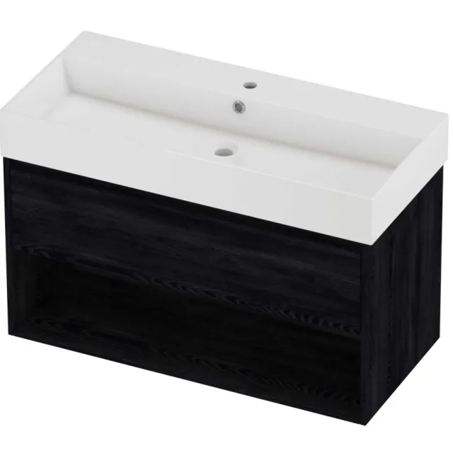 Proline Zara Badmeubelset Porselein Loft 1 Kraangat Met Schap 100x46x65 cm Glans Wit Black Oak Eiken
