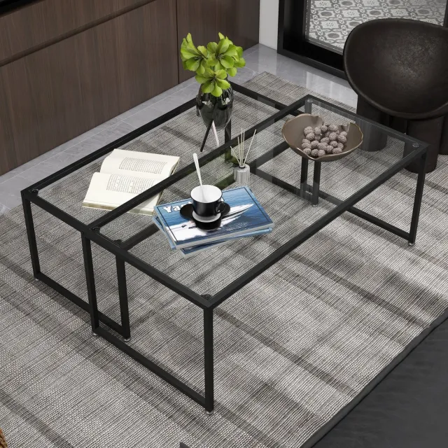 FloraGrace Salontafel Set Van 2 - Stapelbare Glazen Bijzettafels - Woonkamer En Slaapkamer - Glas En Staal - 119 x 56 x 44,5 cm - Transparant Zwart