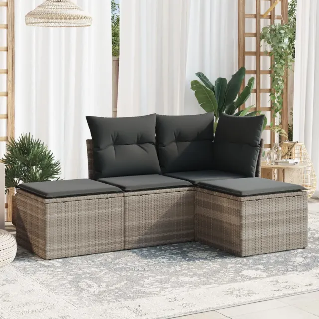 vidaXL 4-delige Loungeset met kussens poly rattan lichtgrijs grijs, foto 2