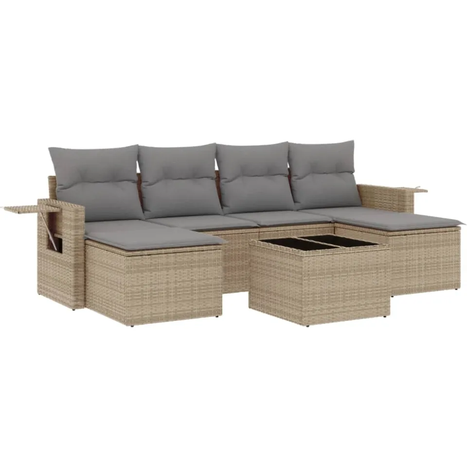 vidaXL 7-delige Loungeset met kussens poly rattan beige