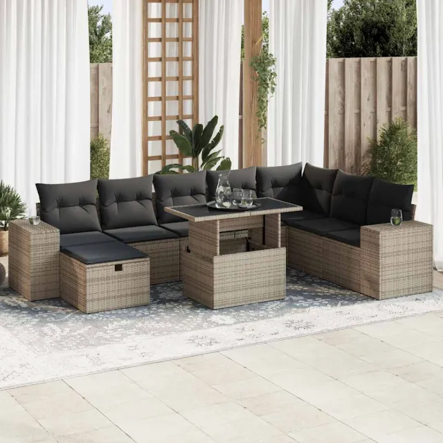vidaXL 9-delige Loungeset met kussens poly rattan grijs, foto 2