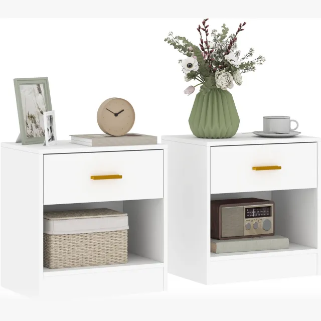 Lunpog Set van 2 Nachtkastjes, nachtkastje met 2 laden en open planken, gouden handgreep, moderne stijl, bankpunt voor slaapkamer, woonkamer, 39 x 28 x 41 cm, wit