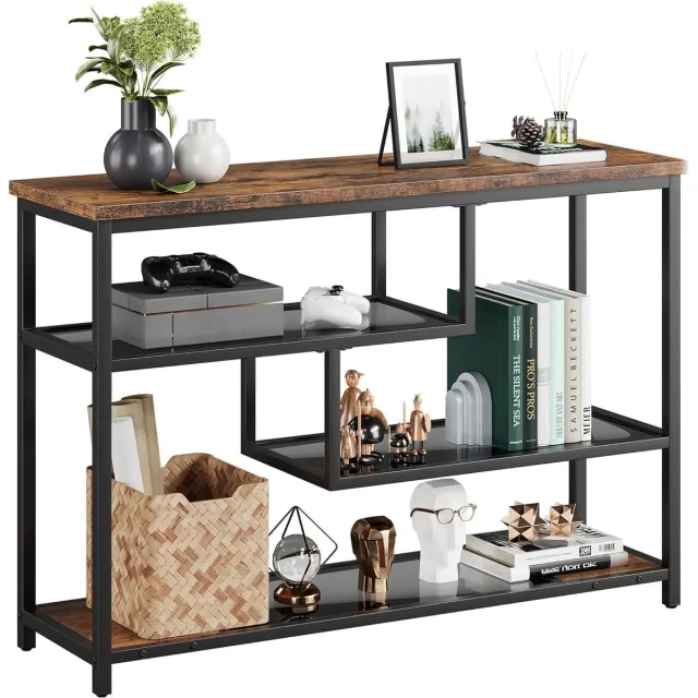 Danky Industriële Sidetable met 4 Niveaus - Consoletafel met Gehard Glas & Houtlook - Smalle Haltafel & Wandtafel - Rustiek Bruin & Zwart - 100 x 30 x 75 cm