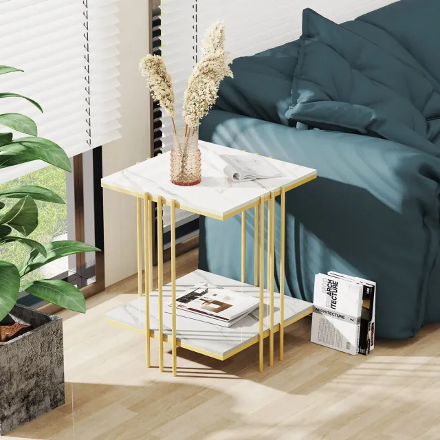 LooMar Salontafel Luxe – Bijzettafel – Salontafel Vierkant – Salontafel wit - Bijzettafel goud - bijzettafel vierkant – Salontafel Goud