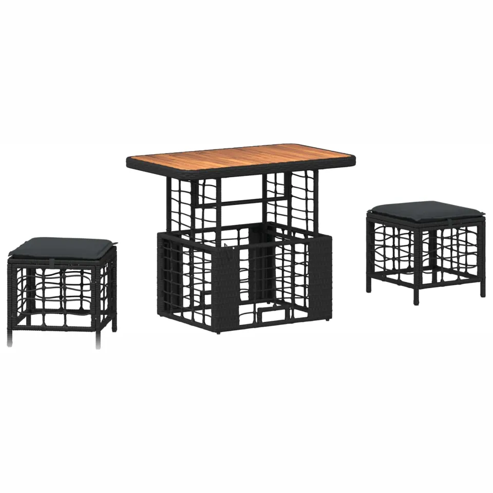 vidaXL Tuin eettafelset 3 st Zwart en Grijs Poly Riet en Acaciahout