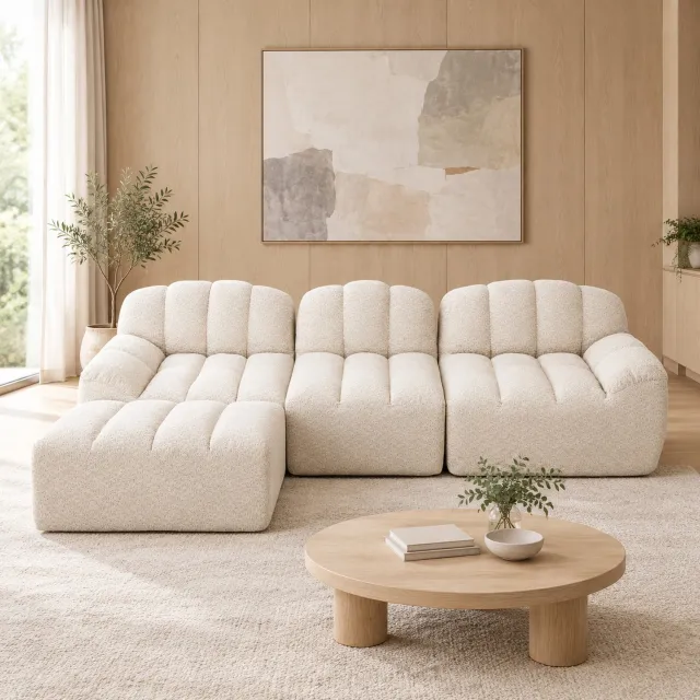 WUVRIE Modulaire hoekbank 288x165 cm - 3-zits met ottoman en 32D schuimvulling - Beige/wit Beige wit