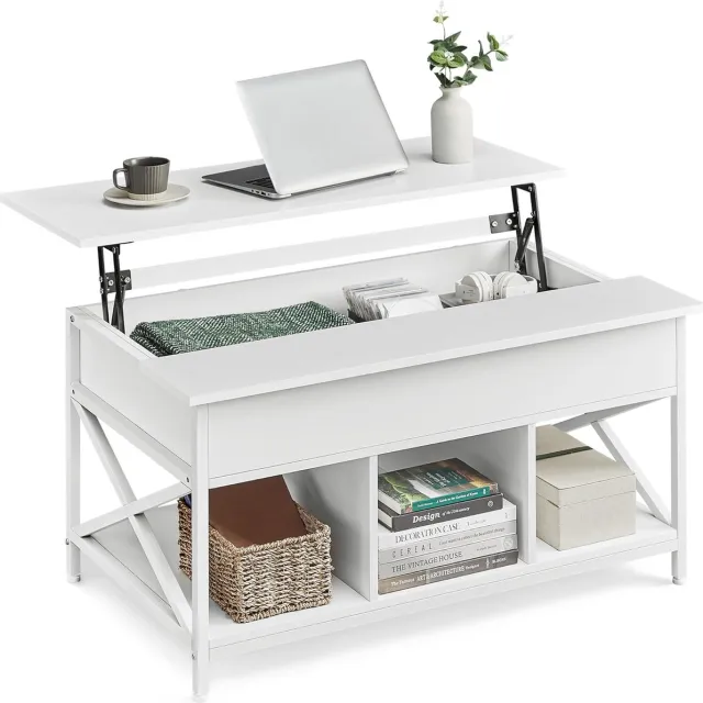 FurnStar Salontafel - In Hoogte Verstelbare Woonkamertafel - Koffietafel - Open En Verborgen Opbergruimte - 60 X 100 X (48-62) Cm - Sneeuw Wit Sneeuwwit