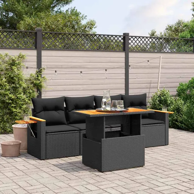 vidaXL 5-delige Loungeset met kussens poly rattan zwart, foto 2