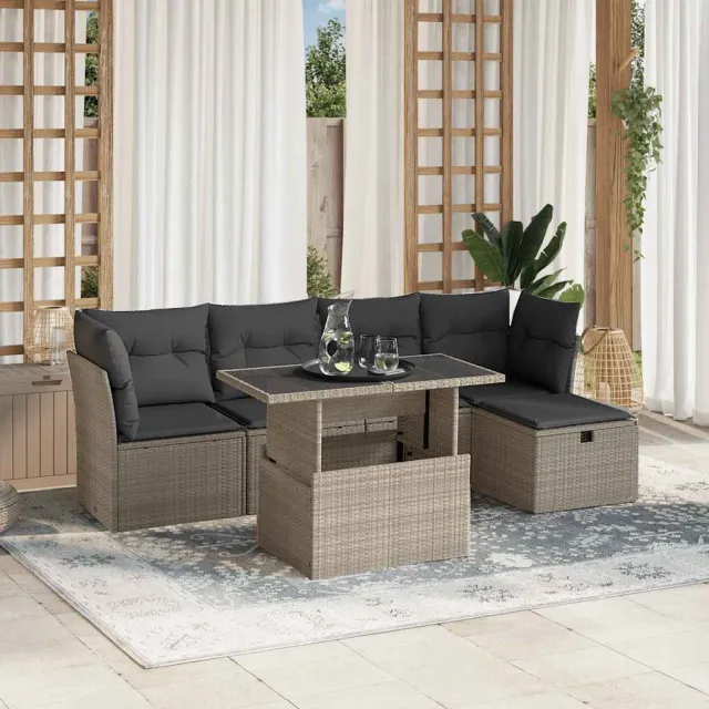 vidaXL 6-delige Loungeset met kussens poly rattan lichtgrijs grijs, foto 2